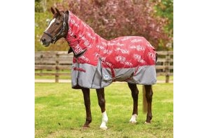 WeatherBeeta Rocky 220g Medium Weight Combo Neck Turnout Rug Ruby Born To Roll Print